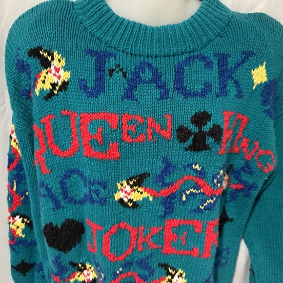 Teal Vegas Sweater Hand Knit Cotton Crochet Cuff Queen King Jack Joker Gambler - Picture 3 of 9